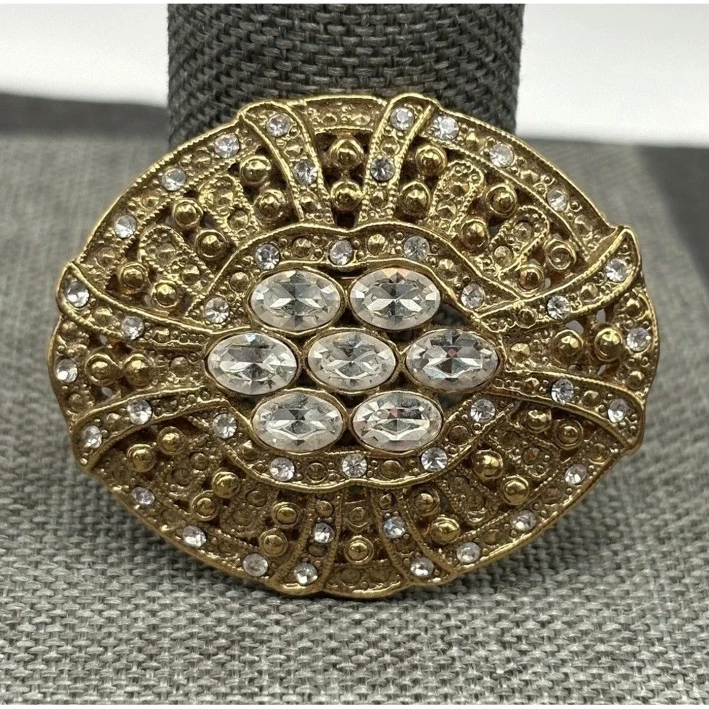 Vintage 1928 Brand Gold Tone Clear Rhinestone Filigree Brooch Pin Art Deco Style